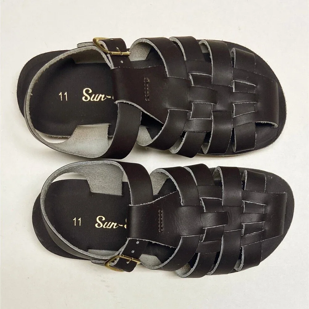 Sun-San Kids' Size 11 Dark Brown Leather Fisherman Sailor Sandals Buckle Closure